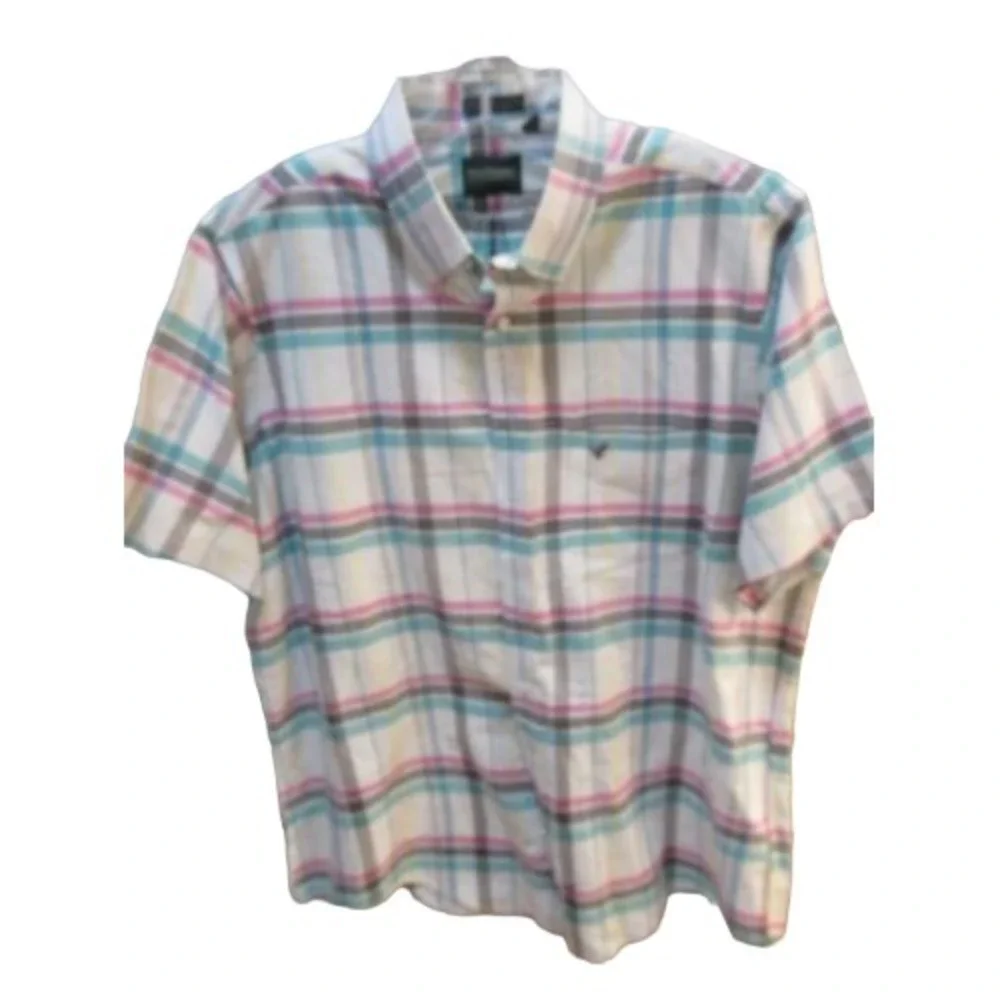 Vintage Flying Scotsman XL Made USA Short Sleeve Button Shirt plaid pink green - Picture 1 of 10